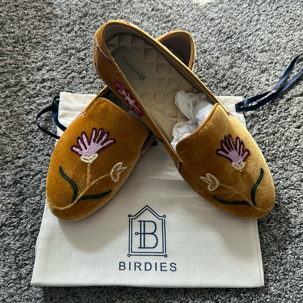 Birdies Mustard Velvet Floral Embroidered Flats
